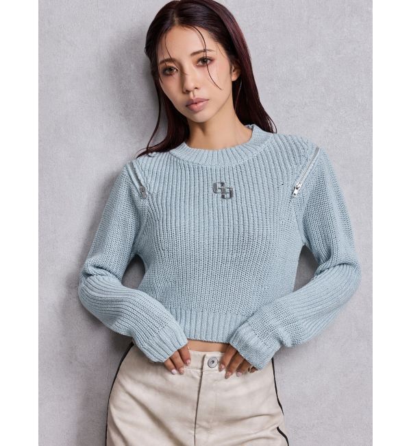 GYDA「GG ZIP designラメニットトップス」|ニット・セーター|スカイブルー