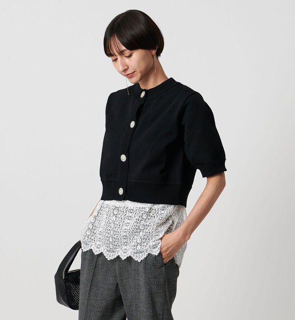 UNITED ARROWS「レース レイヤード カーディガン‐ウォッシャブル‐」|ニット・セーター|BLACK