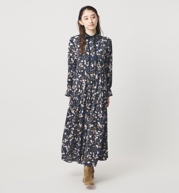 UNITED ARROWS「サテン フラワープリント ボウタイ ワンピース ‐ウォッシャブル‐」|ワンピース|