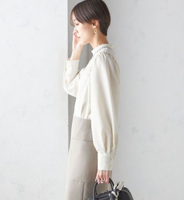 SHIPS for women「〈手洗い可能〉ウール混 スタンドカラー 袖 シャーリング ブラウス」|シャツ・ブラウス|
