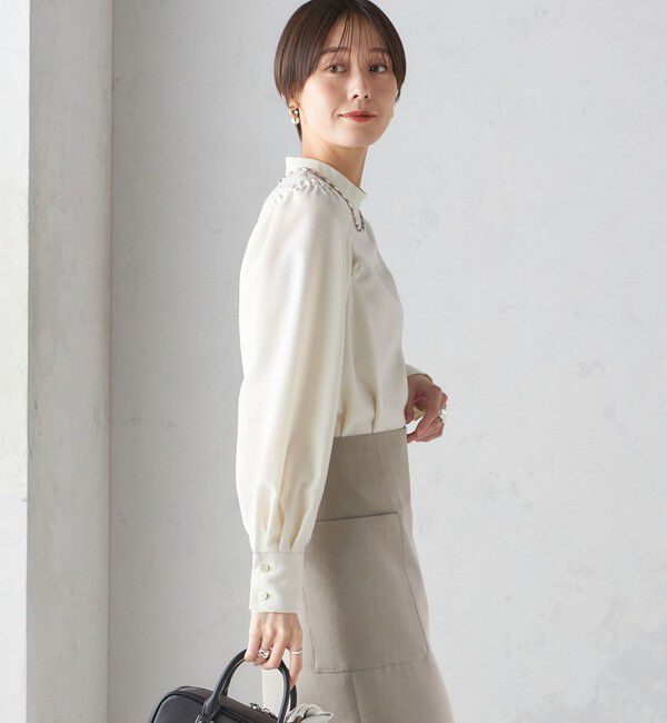 SHIPS for women「〈手洗い可能〉ウール混 スタンドカラー 袖 シャーリング ブラウス」|シャツ・ブラウス|