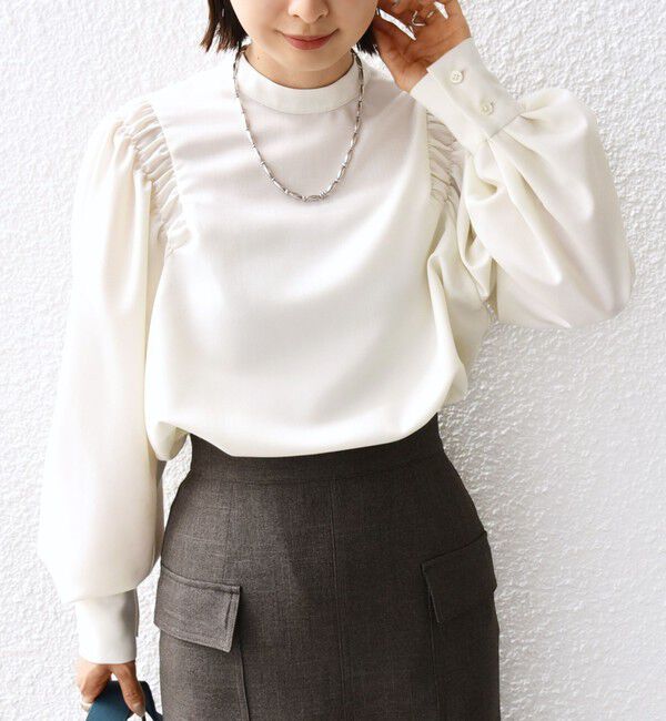 SHIPS for women「〈手洗い可能〉ウール混 スタンドカラー 袖 シャーリング ブラウス」|シャツ・ブラウス|