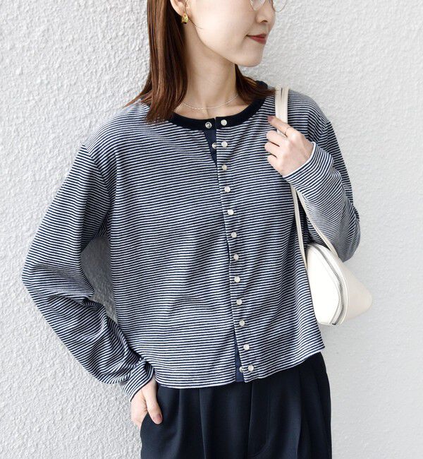 SHIPS for women「〈手洗い可能〉ポリエステル ベロア ボーダー パール モチーフ ボタン カーディガン」|カーディガン|