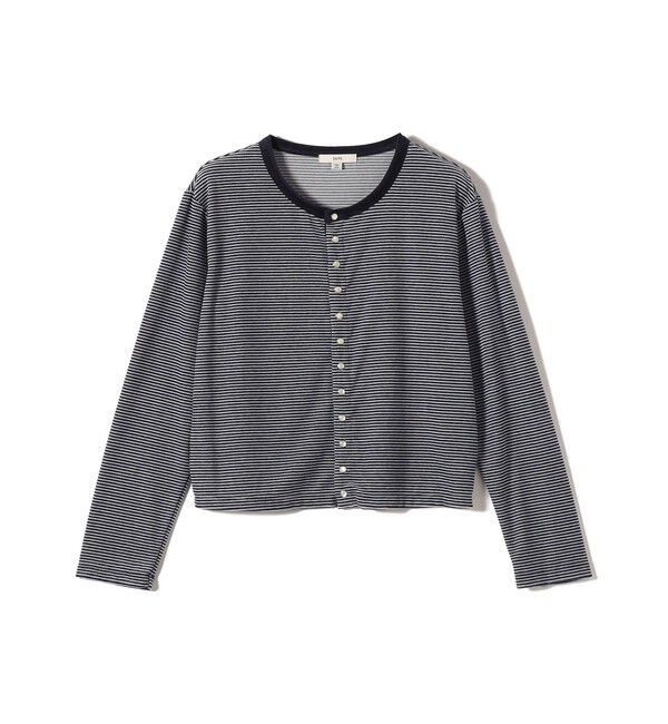 SHIPS for women「〈手洗い可能〉ポリエステル ベロア ボーダー パール モチーフ ボタン カーディガン」|カーディガン|