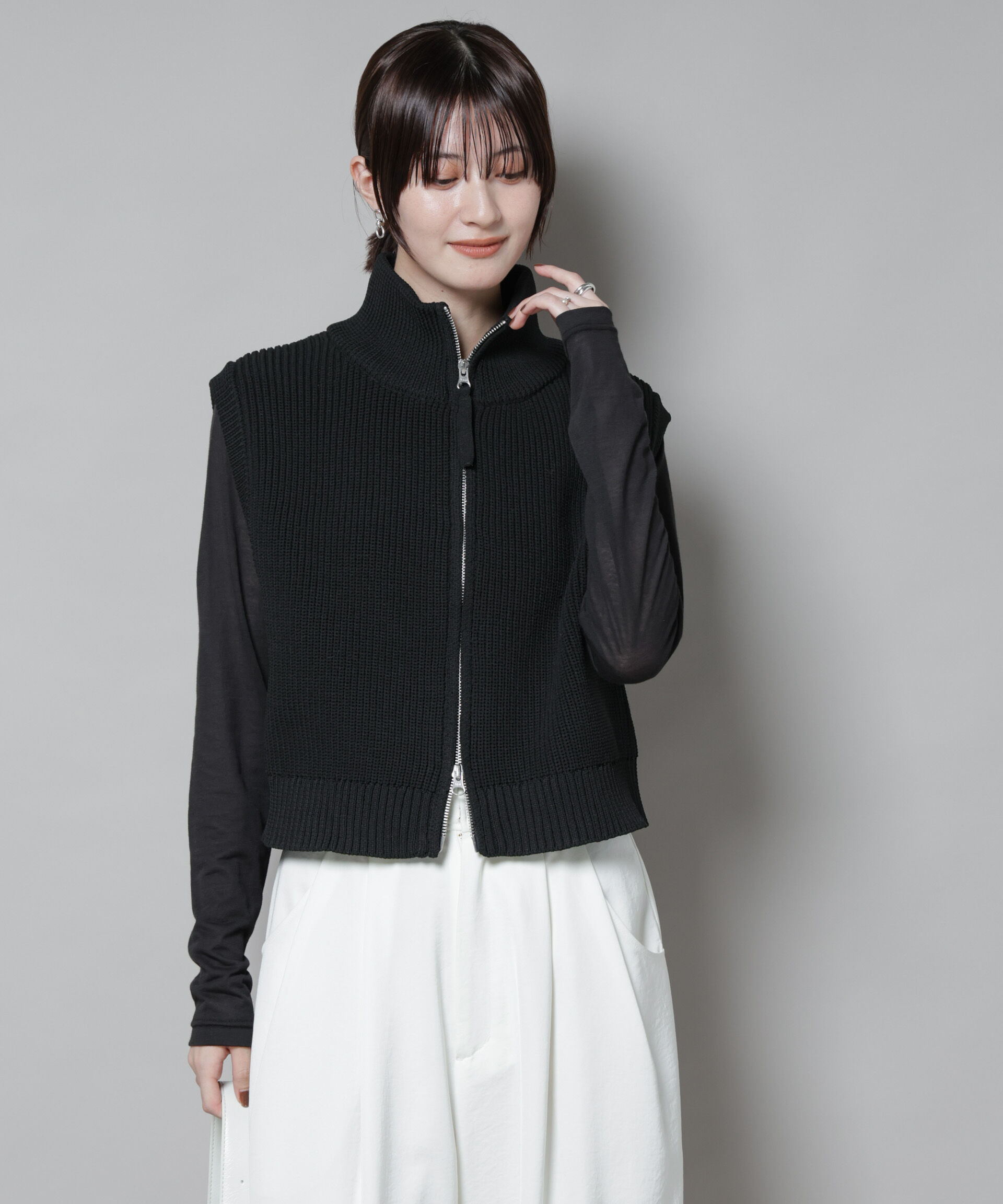 nano･universe「ダブルジップアップドライバーズニットベスト」|ニット・セーター|ブラック