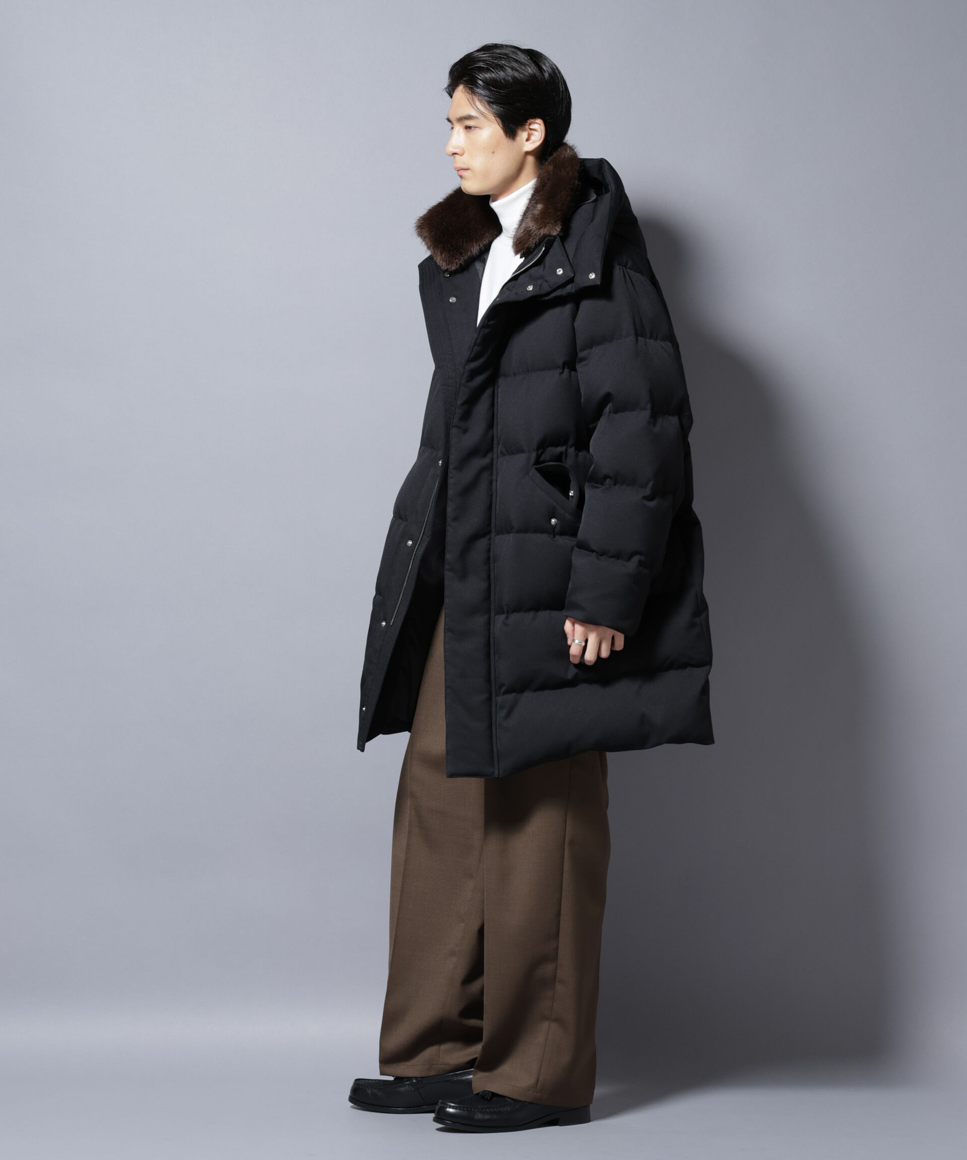 nano･universe「「西川ダウン(R)」フェイクファーカラーサージロングダウン」|ダウン|