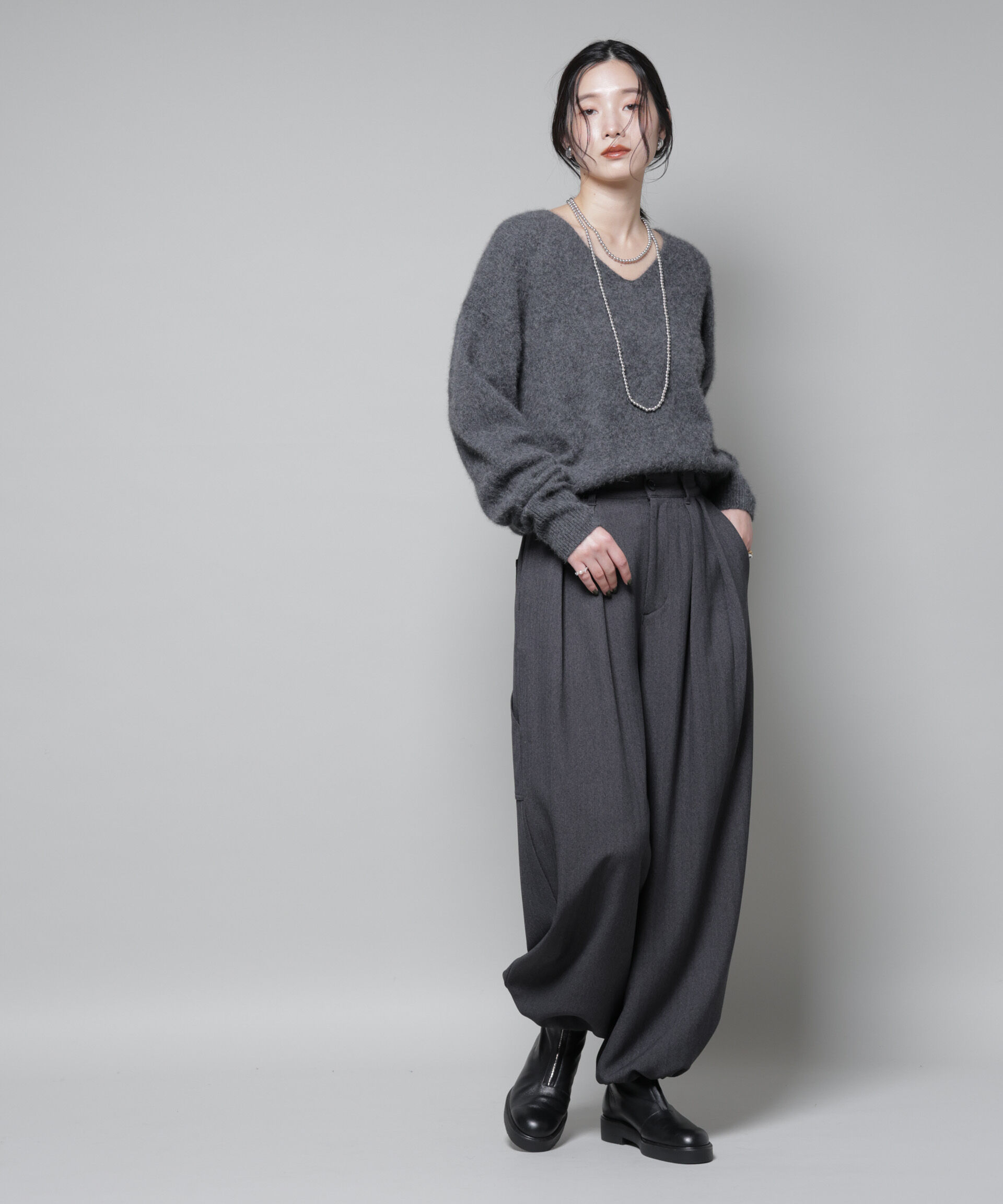 nano･universe「ヘリンボンツイードペインタードロストパンツ」|チノ|