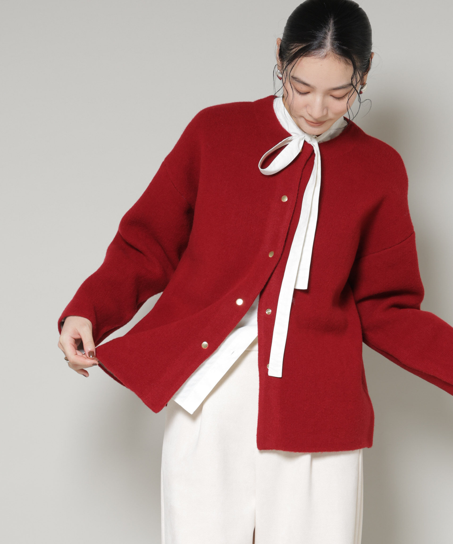 nano･universe「ダブルフェイスニットカーディガン」|ニット・セーター|レッド