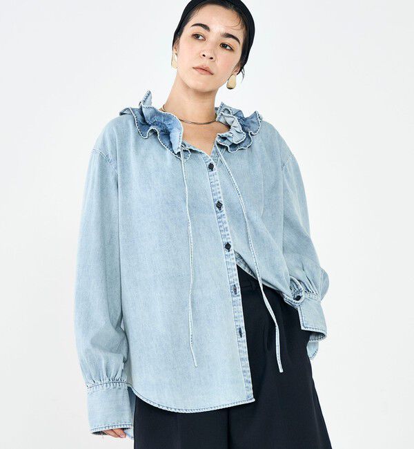 Rie Miller「【RM denim】フリルギャザーデニムブラウス」|シャツ・ブラウス|