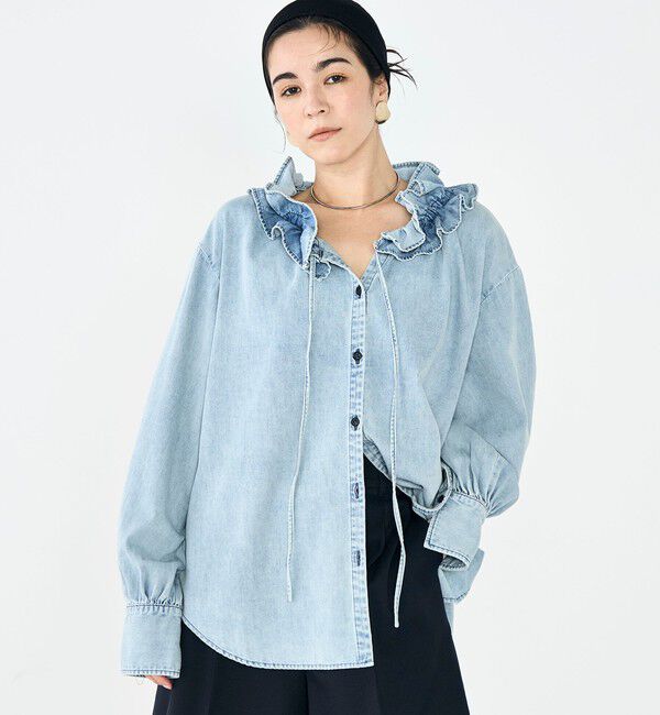 Rie Miller「【RM denim】フリルギャザーデニムブラウス」|シャツ・ブラウス|
