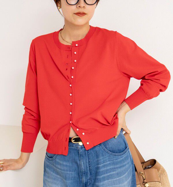 NOLLEY'S「《手洗い可能》コットンテックスクルーネックカーディガン」|カーディガン|レッド