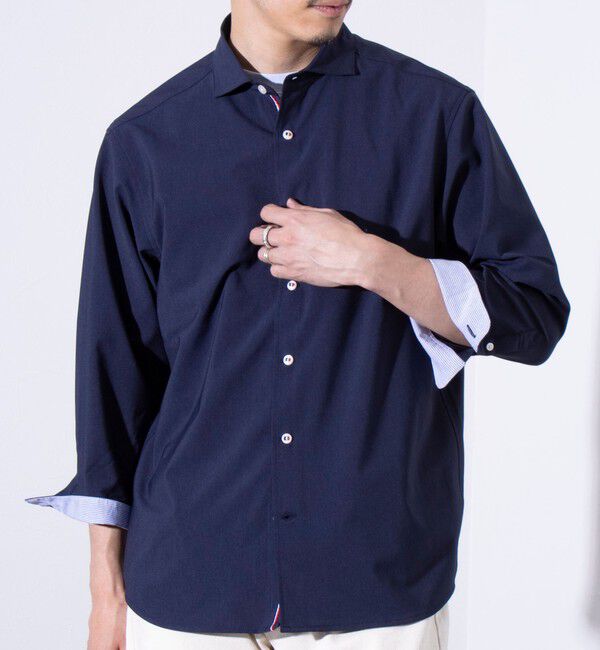 GLOSTER「【GLOSTER/グロスター】COOLMAX ポリトロ パラシュートボタン 七分袖レギュラーシャツ」|シャツ・ブラウス|ネイビー