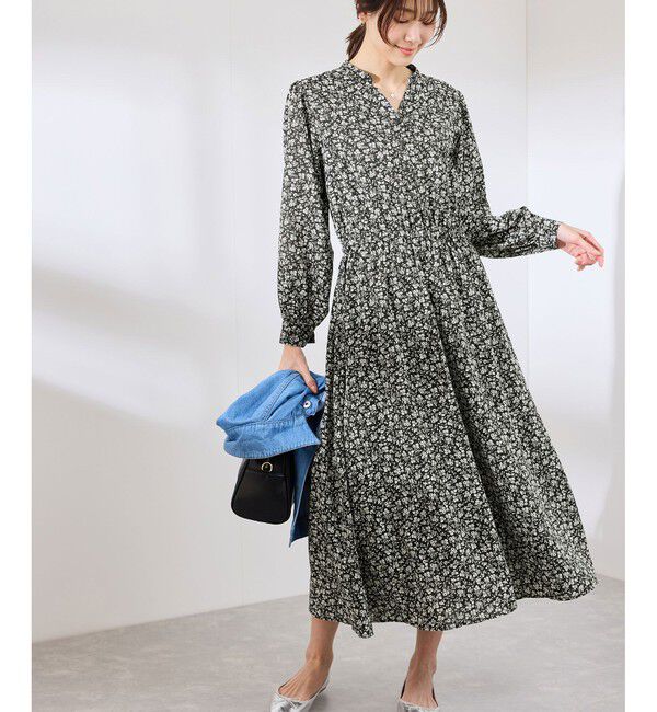 Rope&rsquo;Picnic「小花柄スキッパーロングワンピース」|ワンピース|ブラック(01)