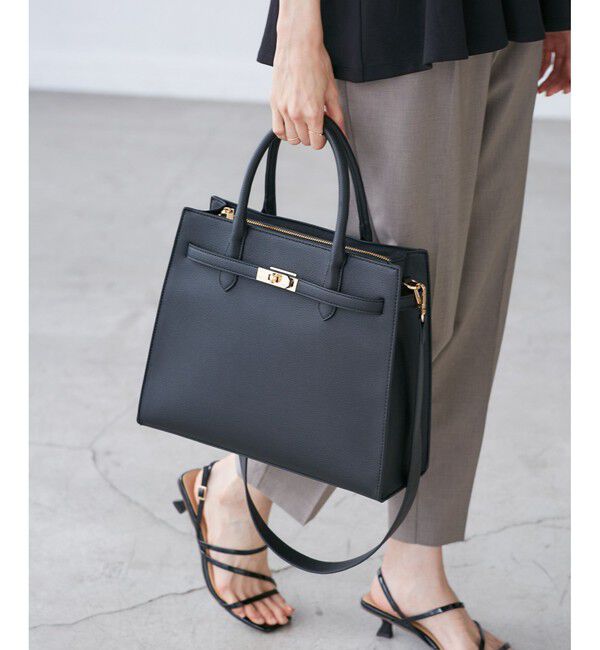 ROPE PICNIC PASSAGE「【WEB限定】 ベルトデザインスクエアトートバッグ/通勤対応」|トートバッグ|ブラック(01)