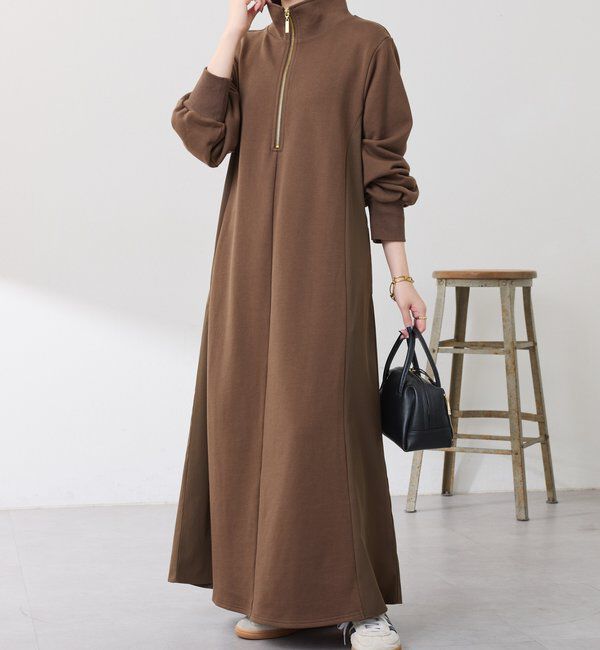  「異素材ドッキングハーフジップワンピース」|ワンピース|カーキ