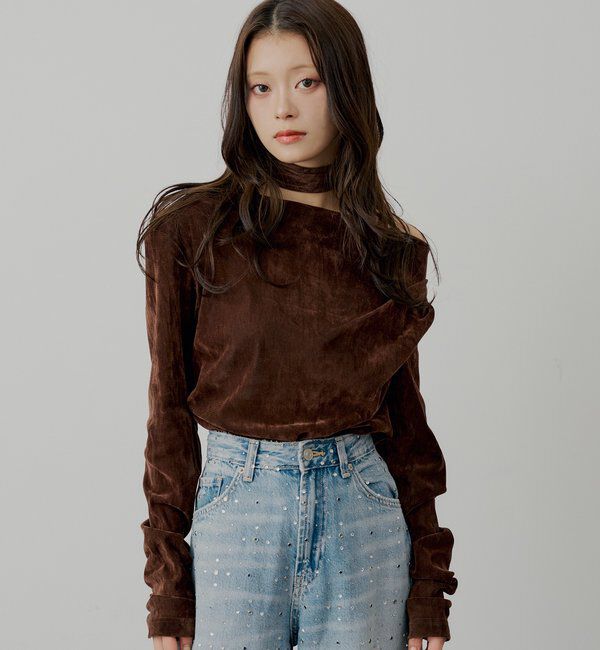  「【SALON by Chico】タイ付きベロアワンショルギャザートップス」|Tシャツ・カットソー|