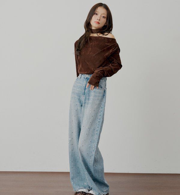  「【SALON by Chico】タイ付きベロアワンショルギャザートップス」|Tシャツ・カットソー|