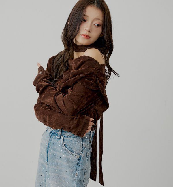  「【SALON by Chico】タイ付きベロアワンショルギャザートップス」|Tシャツ・カットソー|