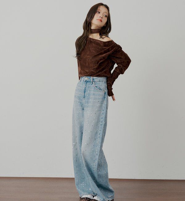  「【SALON by Chico】タイ付きベロアワンショルギャザートップス」|Tシャツ・カットソー|