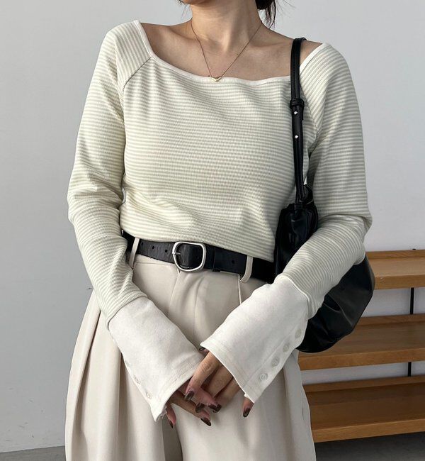  「ボーダー袖ボタンロンＴ」|Tシャツ・カットソー|グリーン