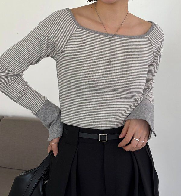  「ボーダー袖ボタンロンＴ」|Tシャツ・カットソー|グレー