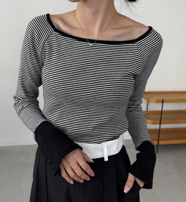  「ボーダー袖ボタンロンＴ」|Tシャツ・カットソー|