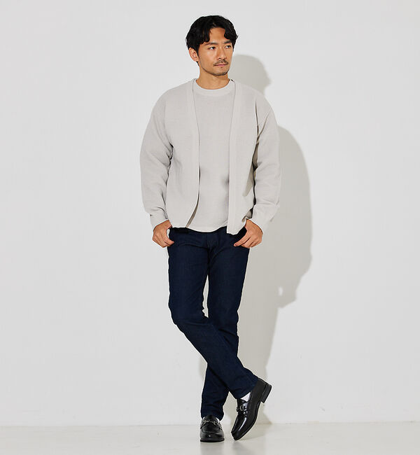 ABAHOUSE「【ウォッシャブル】リップルボーダー ボタンレス ニット カーディガン」|カーディガン|