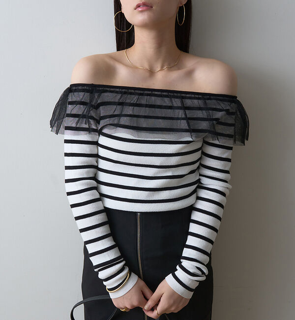 Rouge vif「【一部店舗限定】オフショルチュールリブプルオーバー」|ニット・セーター|ホワイト系その他1