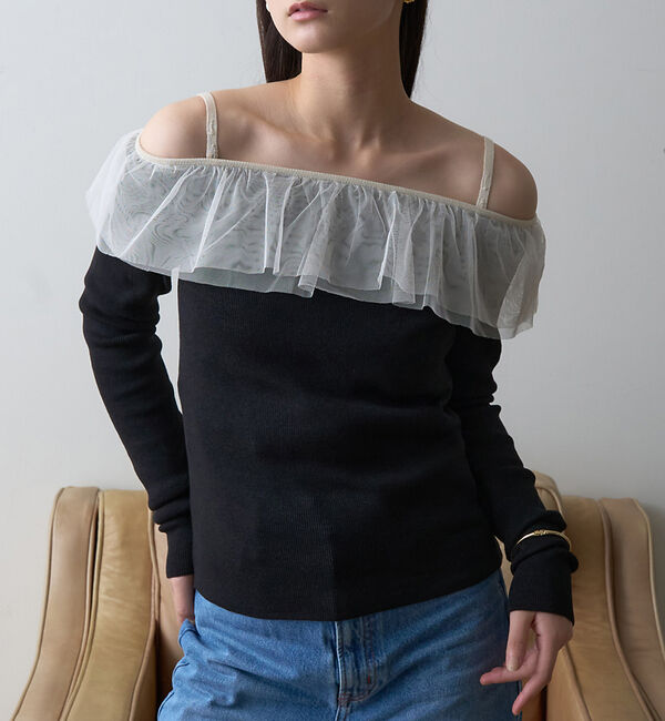 Rouge vif「【一部店舗限定】オフショルチュールリブプルオーバー」|ニット・セーター|ブラック