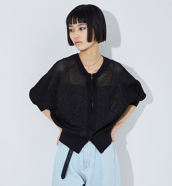 NOMINE「ラメメッシュ２WAY ZIPニットブルゾン」|カーディガン|ブラック