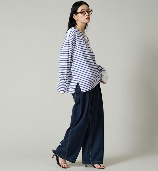 Liesse「後ろVあき袖切り替えボーダートップス」|Tシャツ・カットソー|