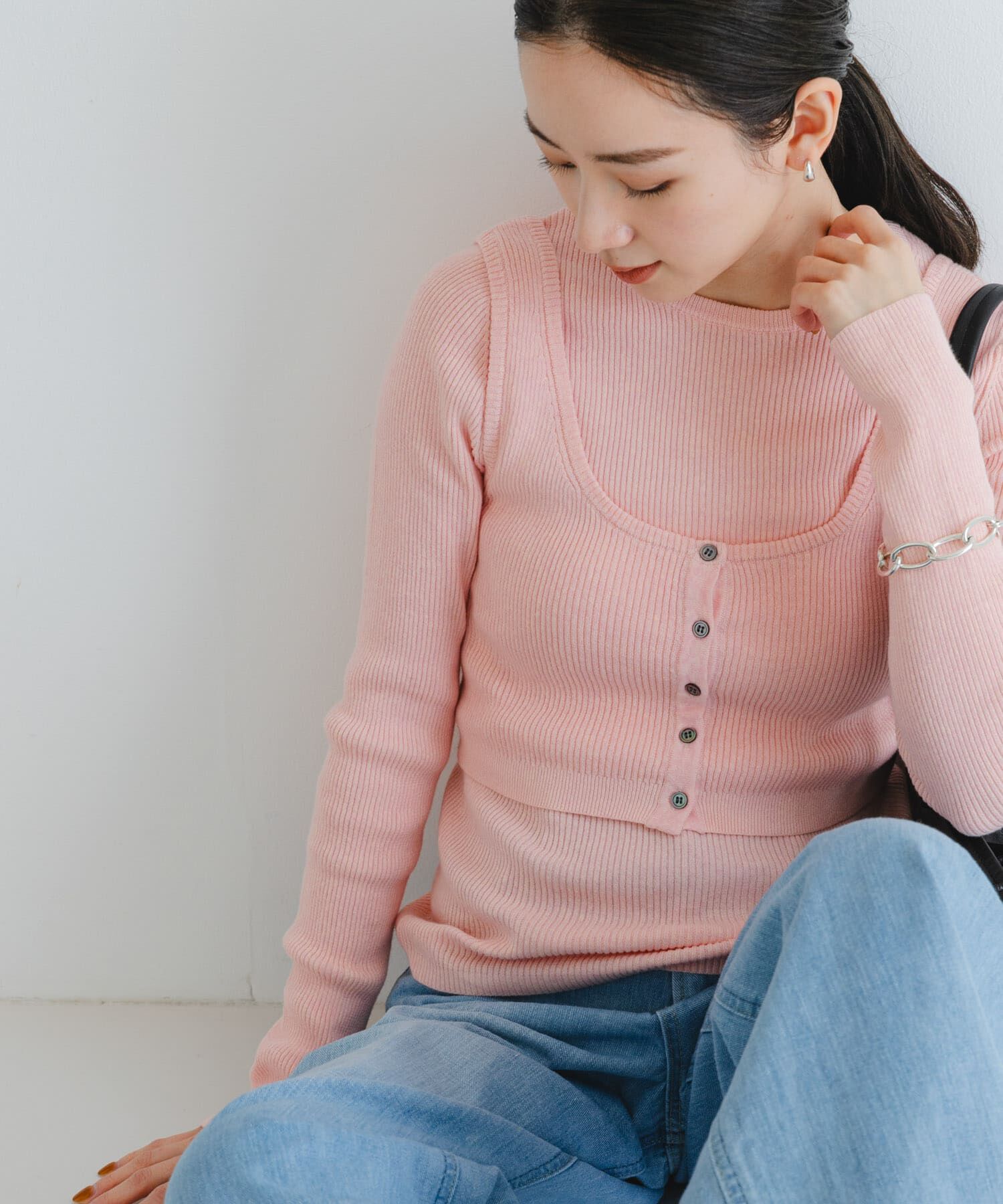 URBAN RESEARCH「『UR TECH』メランジコットンクルーネックニット」|ニット・セーター|ピンク