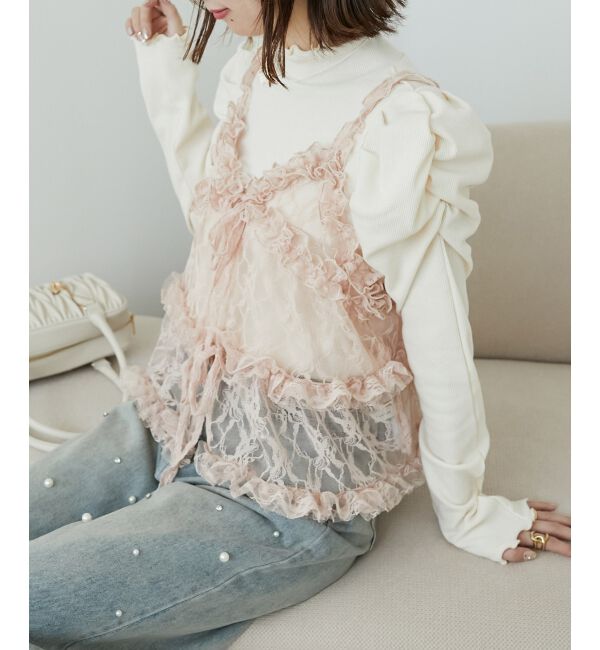 MAJESTICLEGON「フリルレースシアービスチェ」|キャミソール|ピンクベージュ