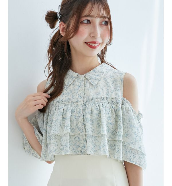  「肩開きフリルブラウス」|シャツ・ブラウス|ブルー柄