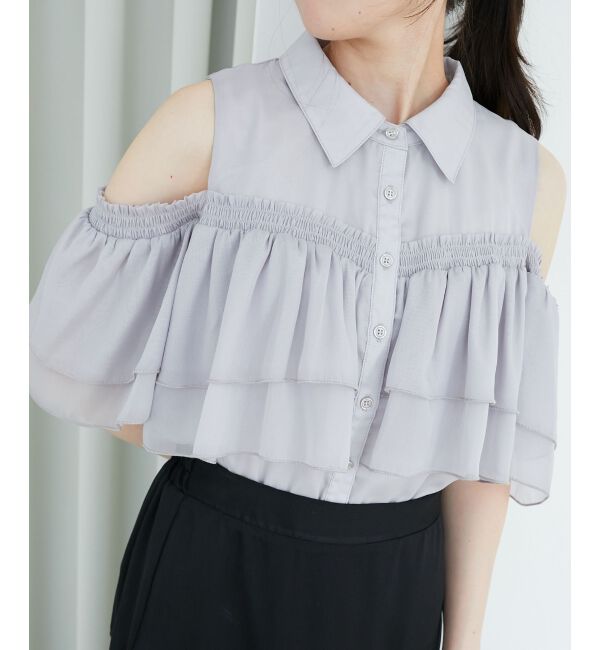  「肩開きフリルブラウス」|シャツ・ブラウス|グレー
