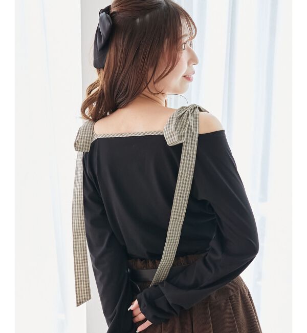  「肩リボンチェックバイカラートップス」|Tシャツ・カットソー|