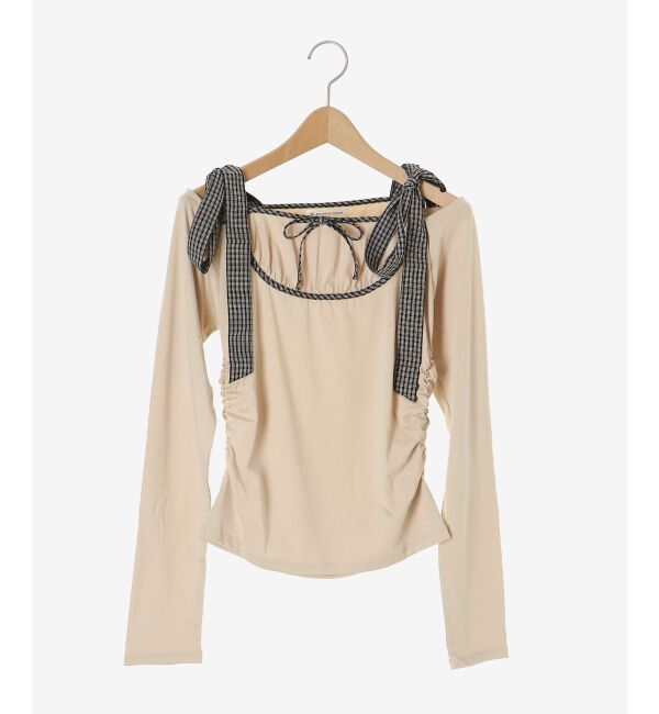  「肩リボンチェックバイカラートップス」|Tシャツ・カットソー|