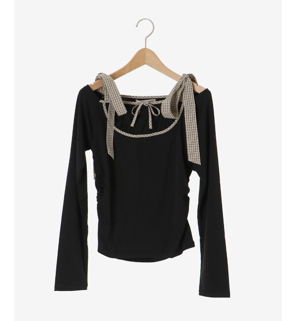  「肩リボンチェックバイカラートップス」|Tシャツ・カットソー|