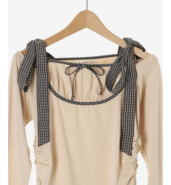  「肩リボンチェックバイカラートップス」|Tシャツ・カットソー|