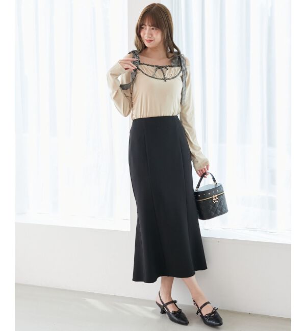  「肩リボンチェックバイカラートップス」|Tシャツ・カットソー|