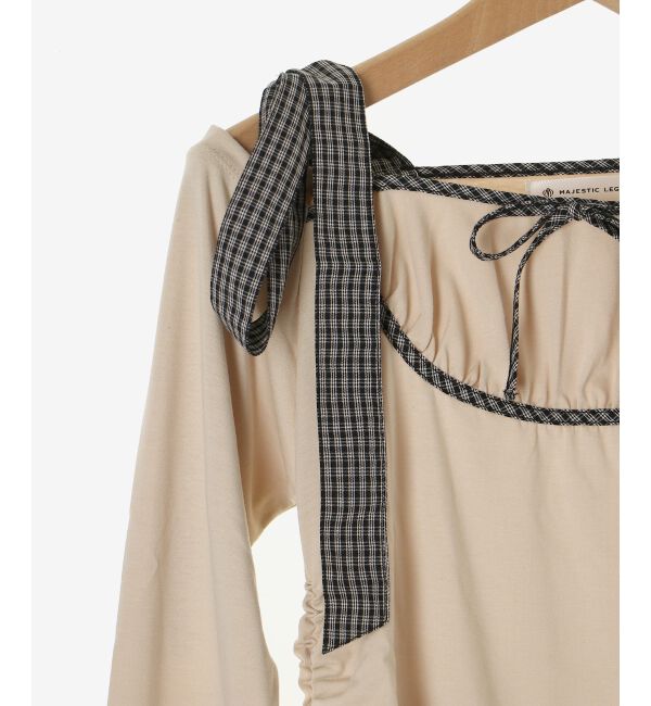  「肩リボンチェックバイカラートップス」|Tシャツ・カットソー|