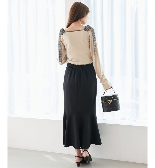  「肩リボンチェックバイカラートップス」|Tシャツ・カットソー|