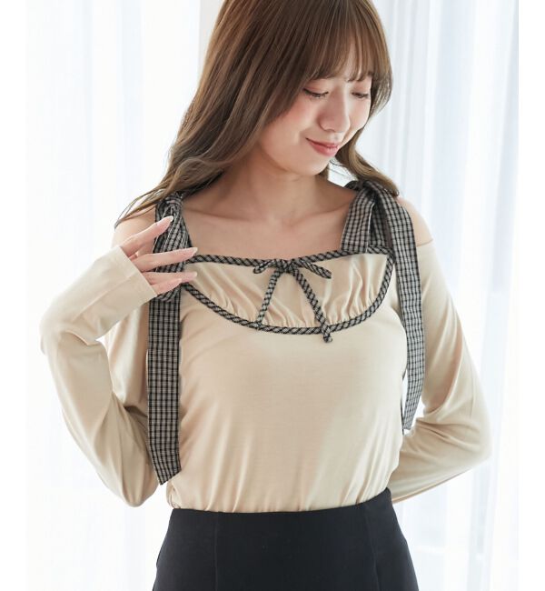  「肩リボンチェックバイカラートップス」|Tシャツ・カットソー|