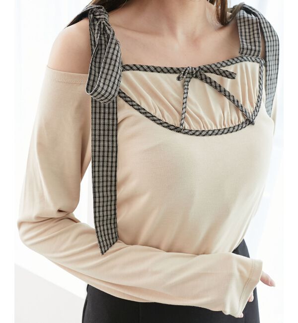  「肩リボンチェックバイカラートップス」|Tシャツ・カットソー|
