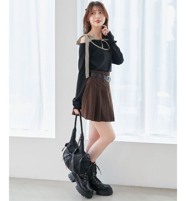  「肩リボンチェックバイカラートップス」|Tシャツ・カットソー|