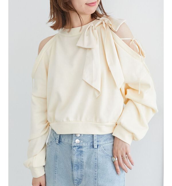  「オープンショルダーリボンスウェット」|スウェット・ジャージ|アイボリー