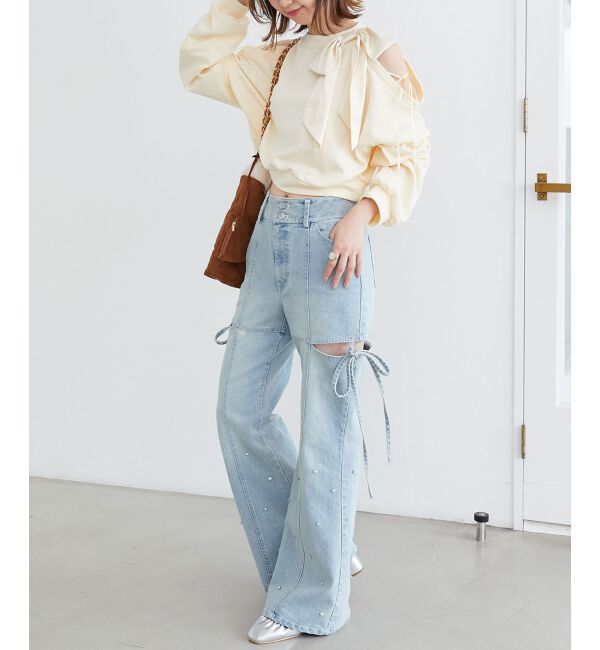  「オープンショルダーリボンスウェット」|スウェット・ジャージ|