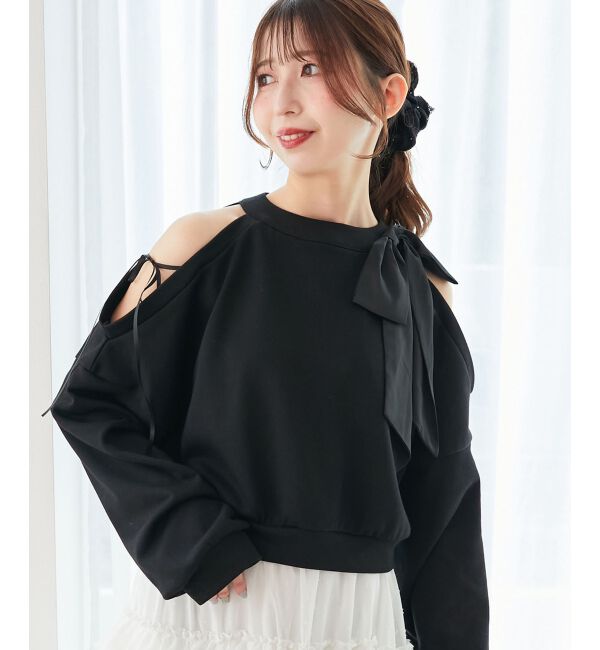  「オープンショルダーリボンスウェット」|スウェット・ジャージ|ブラック