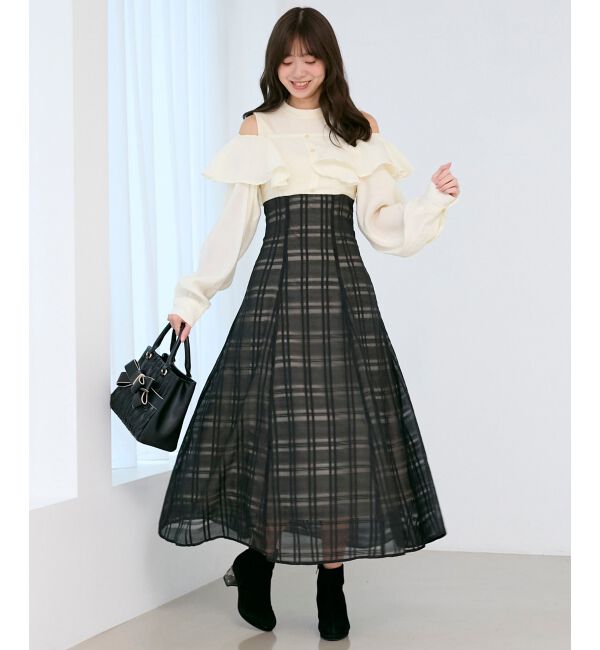  「ウエストきゅっとフリルワンピース」|ワンピース|ブラック柄