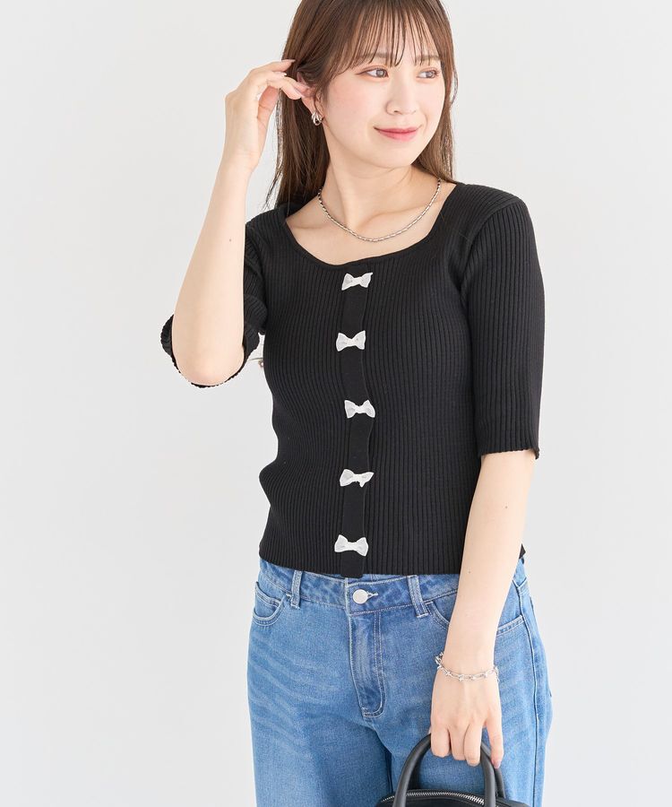 Green Parks「・swing by フロントリボンリブニット」|ニット・セーター|Black